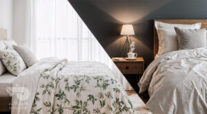 تصویر مفهومی برای مقایسه روتختی و لحاف؛ سمت راست اتاق خوابی با روتختی نازک و روشن و سمت چپ همان اتاق با لحافی ضخیم و گرم.